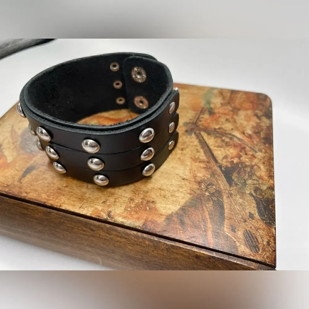 2 Silver Studded Black & Brown Leather Wrap/Band/Bracelet - Unise…